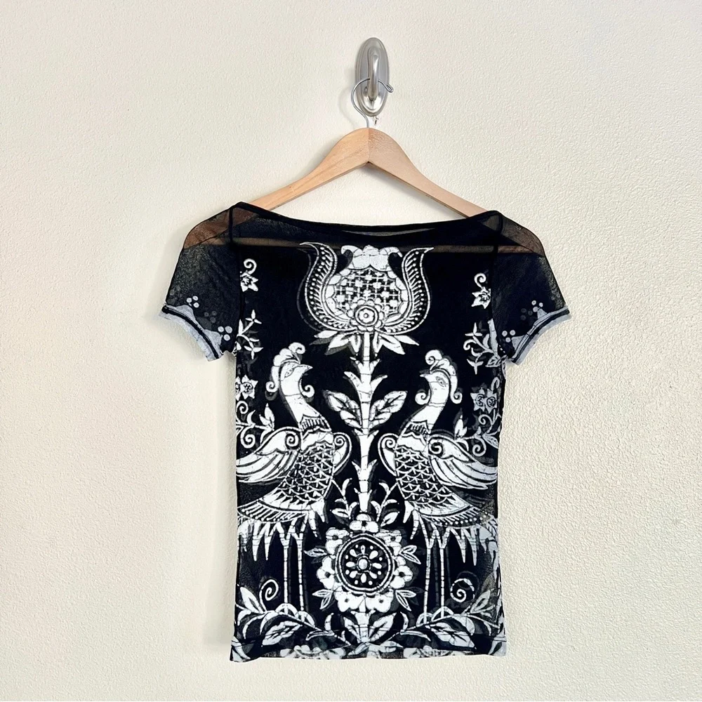 Vintage VIVIENNE TAM S/S 1998 Peacock Batik Print Mesh Top + Skirt SET in Black